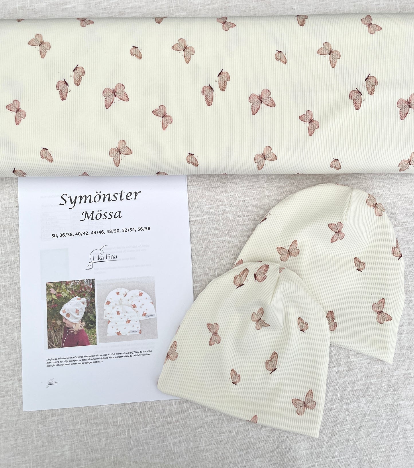 Mönsterkit Mössa, ribbad jersey välj mellan fjärilar, småblommig eller små hjärtan