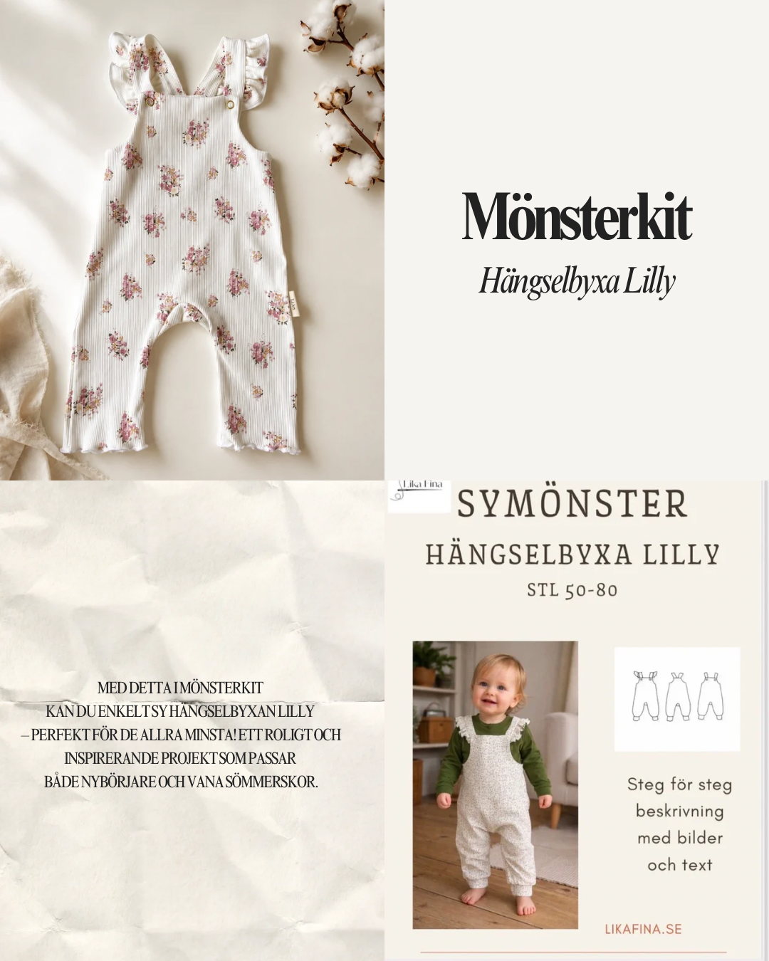 Mönsterkit Hängselbyxa Lilly, Välj tyg och Storlek