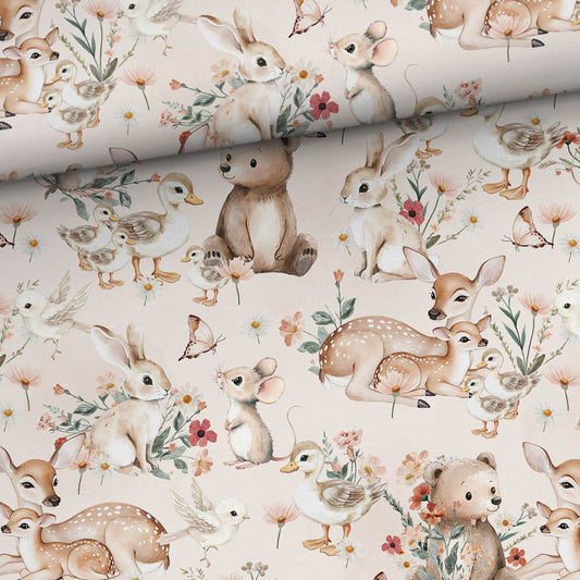 Trikåtyg sommar djur o blommor